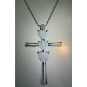 Unique white OPAL HEARTS ON STERLING SILVER CROSS NECKLACE